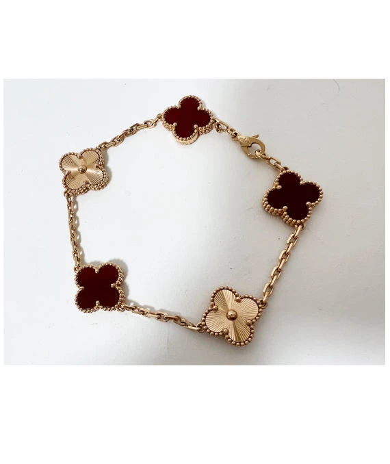 Van Cleef & Arpels Vintage Alhambra Carnelian Guilloche 5 Motifs 18k Rose Gold Bracelet