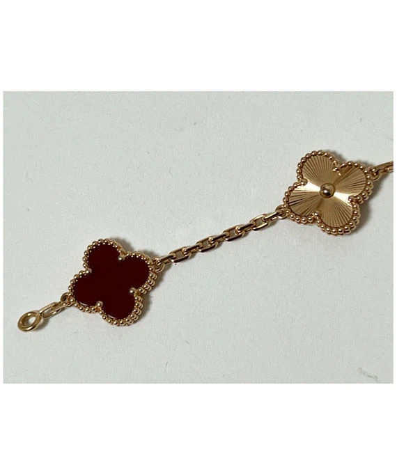 Van Cleef & Arpels Vintage Alhambra Carnelian Guilloche 5 Motifs 18k Rose Gold Bracelet