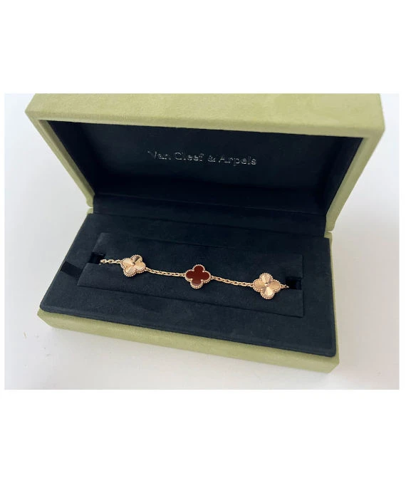 Van Cleef & Arpels Vintage Alhambra Carnelian Guilloche 5 Motifs 18k Rose Gold Bracelet