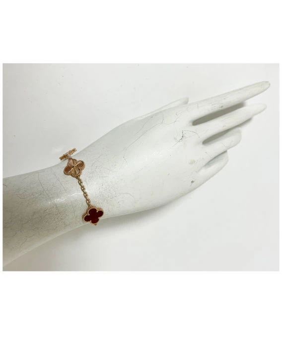 Van Cleef & Arpels Vintage Alhambra Carnelian Guilloche 5 Motifs 18k Rose Gold Bracelet