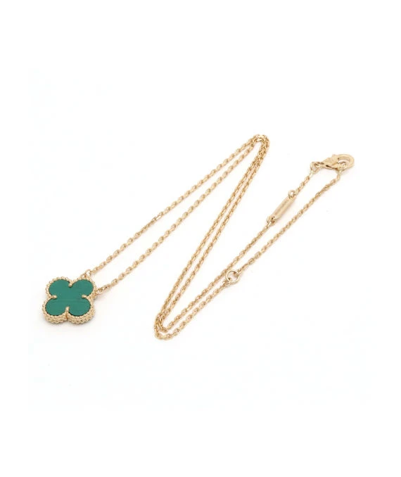 Van Cleef & Arpels Vintage 18k Yellow Gold Necklace with Alhambra Malachite Pendant