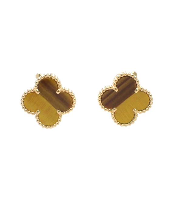 Van Cleef & Arpels Vintage Alhambra Tiger's Eye 18k Yellow Gold Earrings