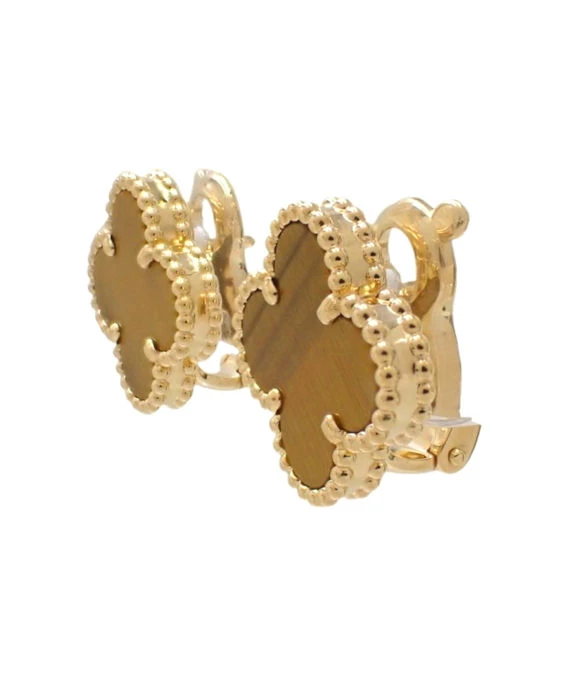 Van Cleef & Arpels Vintage Alhambra Tiger's Eye 18k Yellow Gold Earrings