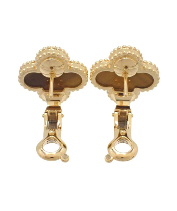 Van Cleef & Arpels Vintage Alhambra Tiger's Eye 18k Yellow Gold Earrings