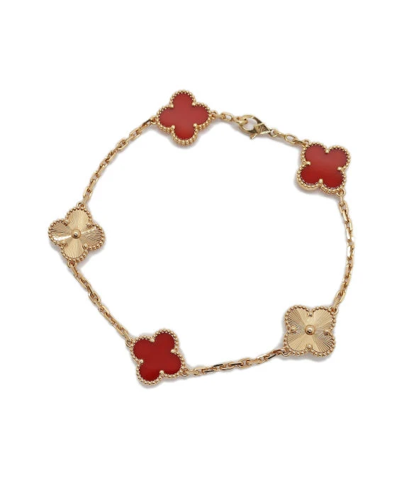 Van Cleef & Arpels Vintage Alhambra Carnelian Guilloche 5 Motifs 18k Rose Gold Bracelet