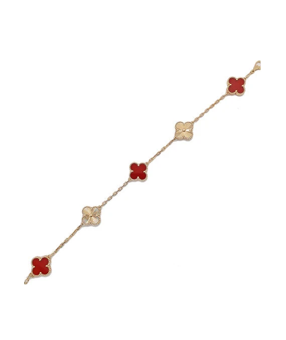 Van Cleef & Arpels Vintage Alhambra Carnelian Guilloche 5 Motifs 18k Rose Gold Bracelet