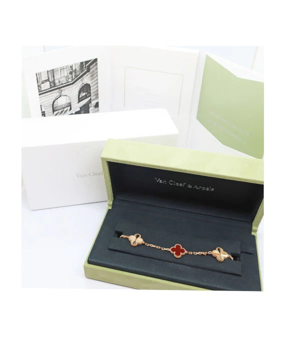 Van Cleef & Arpels Vintage Alhambra Carnelian Guilloche 5 Motifs 18k Rose Gold Bracelet