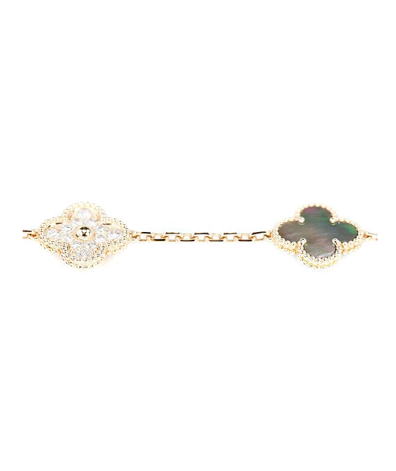 Van Cleef & Arpels Vintage Alhambra Diamond Shell 5 Motifs Bracelet In 18k Pink Gold