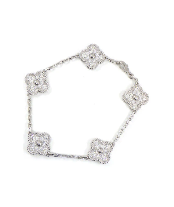 Van Cleef & Arpels Bracelet Vintage Alhambra Diamond Paved 5 Motif 18k White Gold Bracelet