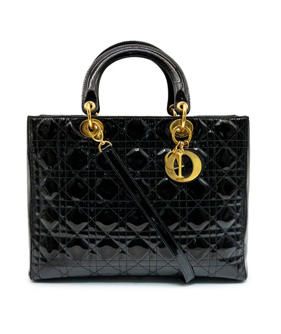 Christian Dior Black Color Cannage Patent Leather Large Lady Dior Satchel Bag