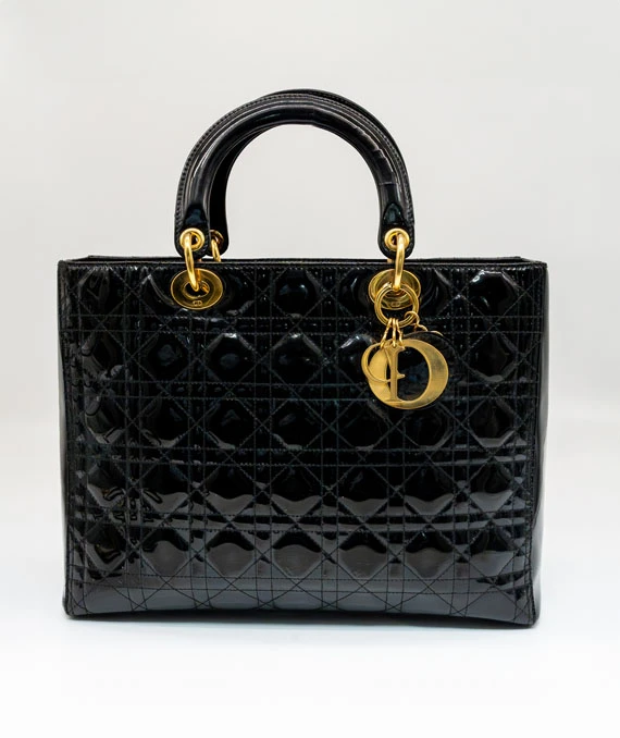 Christian Dior Black Color Cannage Patent Leather Large Lady Dior Satchel Bag