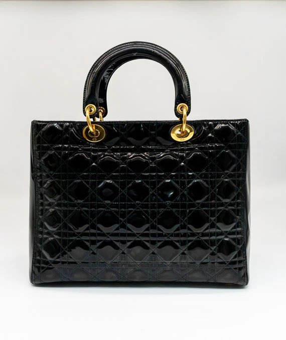 Christian Dior Black Color Cannage Patent Leather Large Lady Dior Satchel Bag