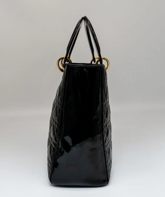 Christian Dior Black Color Cannage Patent Leather Large Lady Dior Satchel Bag