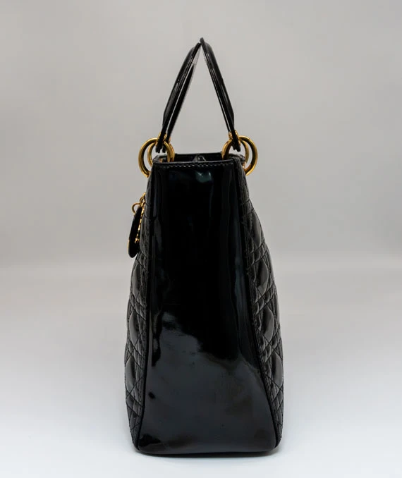 Christian Dior Black Color Cannage Patent Leather Large Lady Dior Satchel Bag