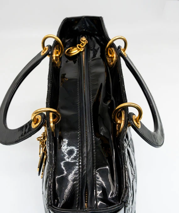 Christian Dior Black Color Cannage Patent Leather Large Lady Dior Satchel Bag