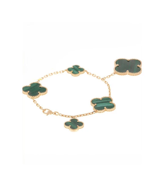 Van Cleef & Arpels Size 19 Magic Alhambra 5 Motifs Malachite Bracelet In 18k Yellow Gold