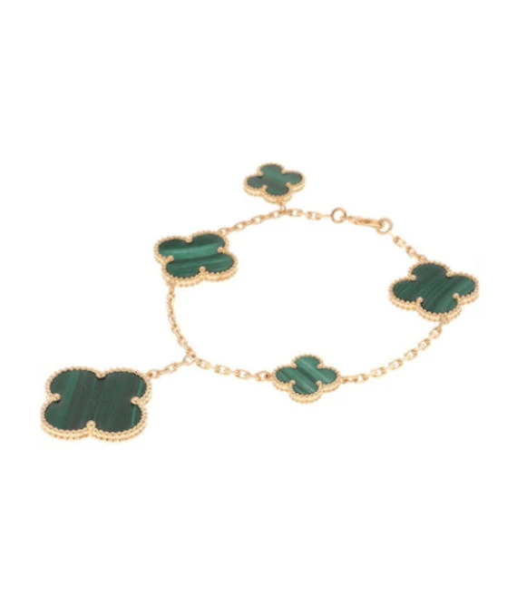 Van Cleef & Arpels Size 19 Magic Alhambra 5 Motifs Malachite Bracelet In 18k Yellow Gold