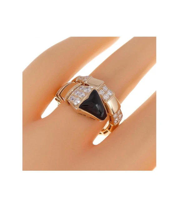 Bvlgari Size 14 Serpenti Onyx and Diamond Ring In Rose Gold