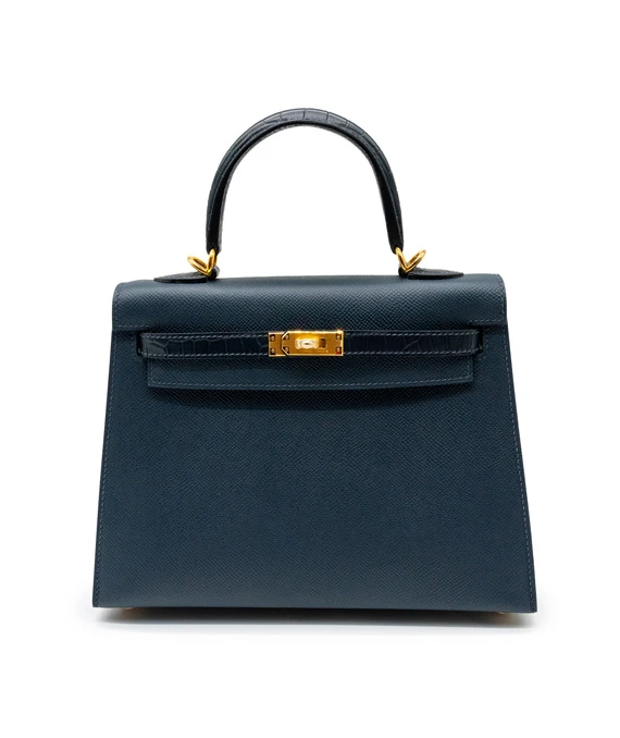 Hermes (Stamp B) Size 25 Blue Minuit Madame Leather Kelly Handbag with Gold Hardware
