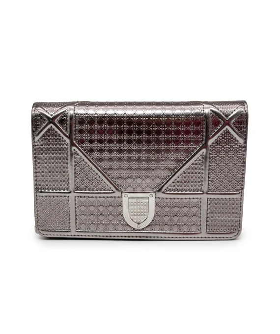Dior Metallic Silver Micro Cannage Leather Diorama Trifold Wallet on Chain
