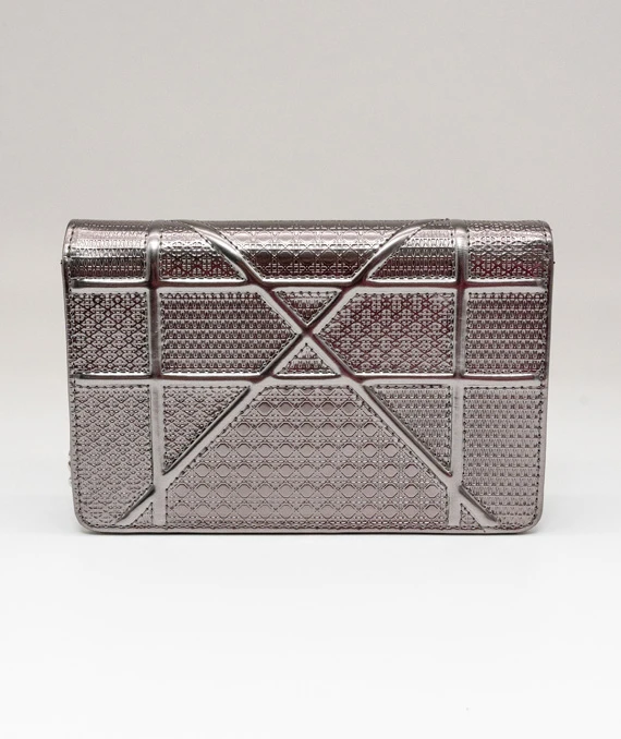 Dior Metallic Silver Micro Cannage Leather Diorama Trifold Wallet on Chain