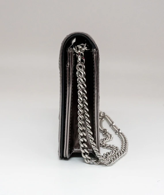 Dior Metallic Silver Micro Cannage Leather Diorama Trifold Wallet on Chain