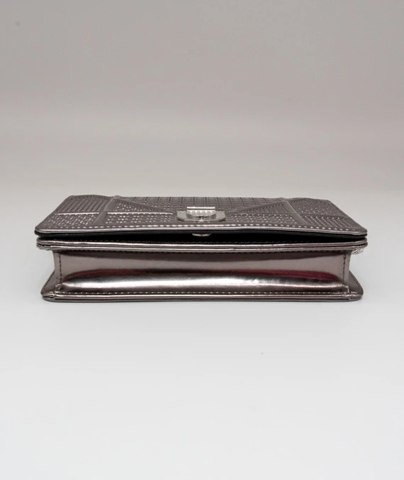 Dior Metallic Silver Micro Cannage Leather Diorama Trifold Wallet on Chain