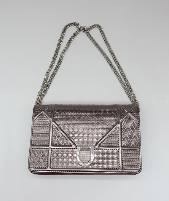 Dior Metallic Silver Micro Cannage Leather Diorama Trifold Wallet on Chain
