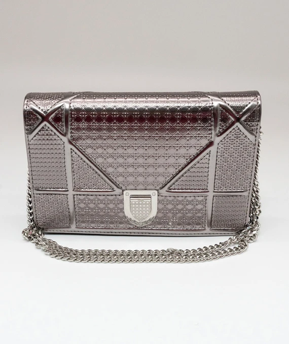 Dior Metallic Silver Micro Cannage Leather Diorama Trifold Wallet on Chain