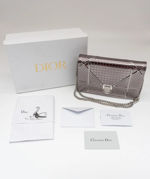 Dior Metallic Silver Micro Cannage Leather Diorama Trifold Wallet on Chain