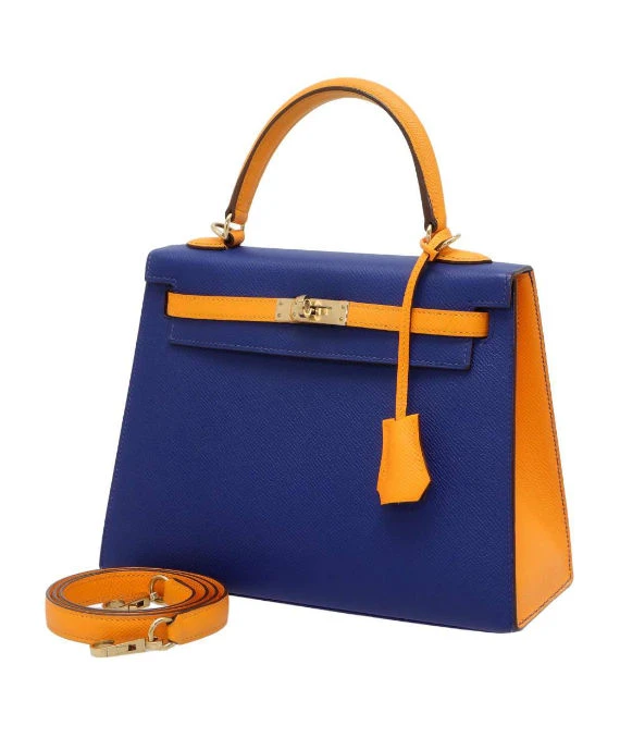 Hermes 2017 (Stamp A) Size 25 Epson leather Kelly in Blue Electric and Jaune Ambre Color with Gold Hardware