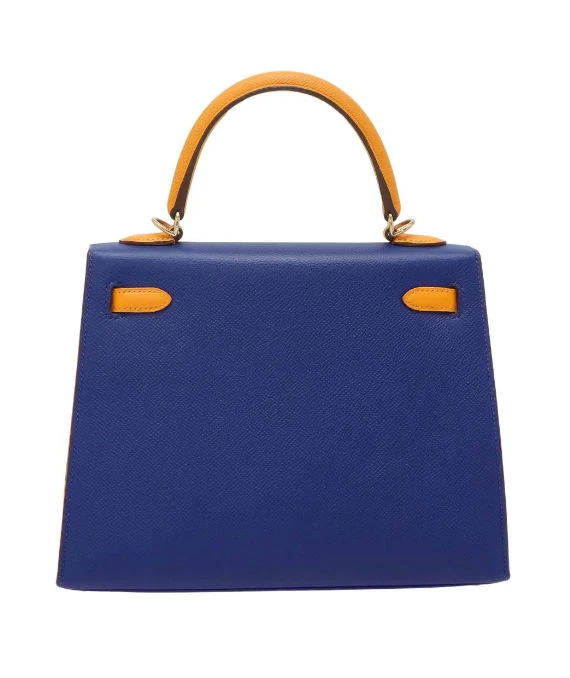 Hermes 2017 (Stamp A) Size 25 Epson leather Kelly in Blue Electric and Jaune Ambre Color with Gold Hardware