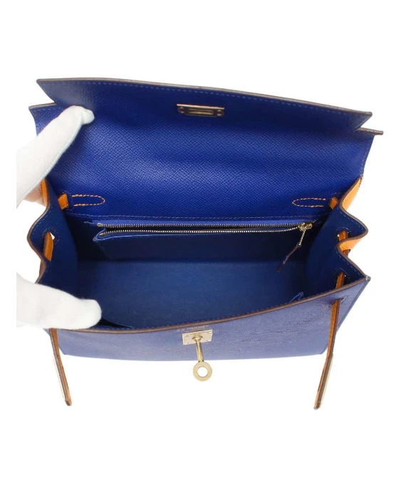 Hermes 2017 (Stamp A) Size 25 Epson leather Kelly in Blue Electric and Jaune Ambre Color with Gold Hardware