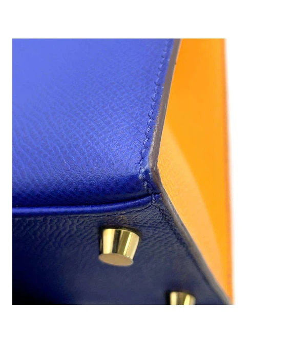 Hermes 2017 (Stamp A) Size 25 Epson leather Kelly in Blue Electric and Jaune Ambre Color with Gold Hardware