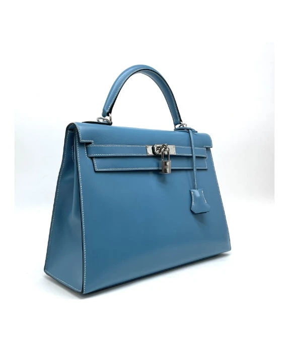Hermes (Stamp F) Size 32 Calf leather Kelly in Blue Jean Color with Palladium Hardware