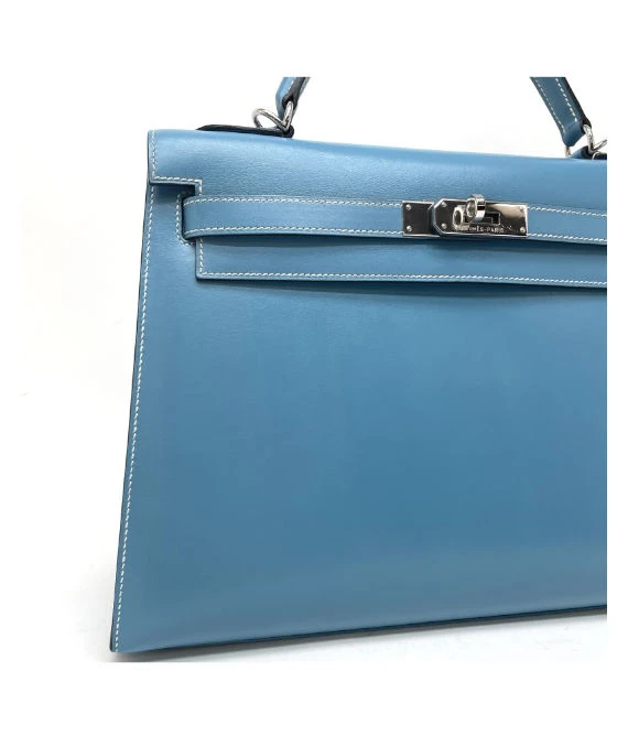 Hermes (Stamp F) Size 32 Calf leather Kelly in Blue Jean Color with Palladium Hardware