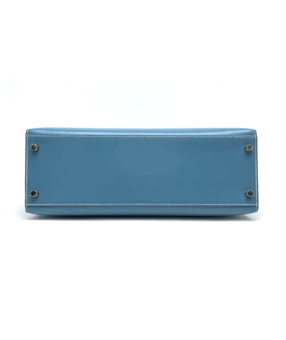 Hermes (Stamp F) Size 32 Calf leather Kelly in Blue Jean Color with Palladium Hardware