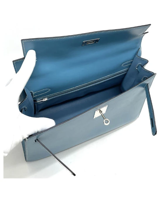 Hermes (Stamp F) Size 32 Calf leather Kelly in Blue Jean Color with Palladium Hardware