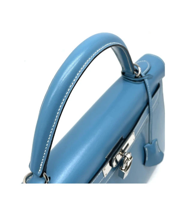 Hermes (Stamp F) Size 32 Calf leather Kelly in Blue Jean Color with Palladium Hardware