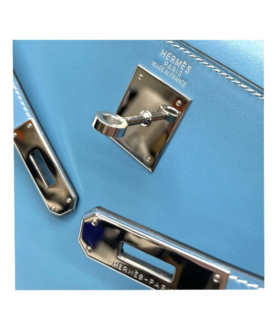 Hermes (Stamp F) Size 32 Calf leather Kelly in Blue Jean Color with Palladium Hardware