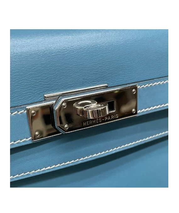 Hermes (Stamp F) Size 32 Calf leather Kelly in Blue Jean Color with Palladium Hardware