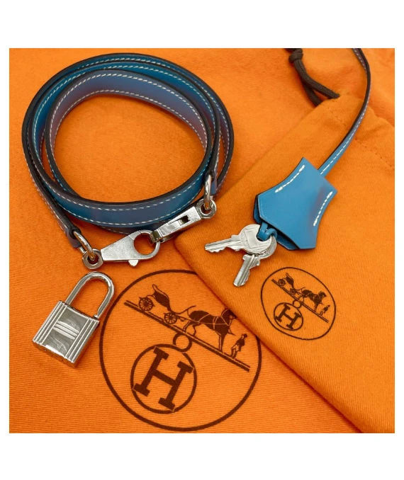 Hermes (Stamp F) Size 32 Calf leather Kelly in Blue Jean Color with Palladium Hardware