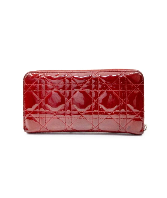 Dior Red Patent Leather Quilted Cannage Zip Around Wallet