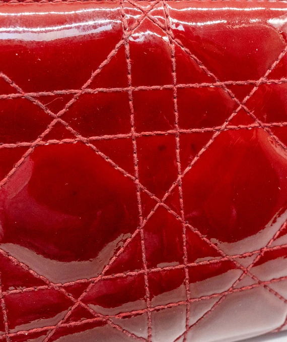 Dior Red Patent Leather Quilted Cannage Zip Around Wallet