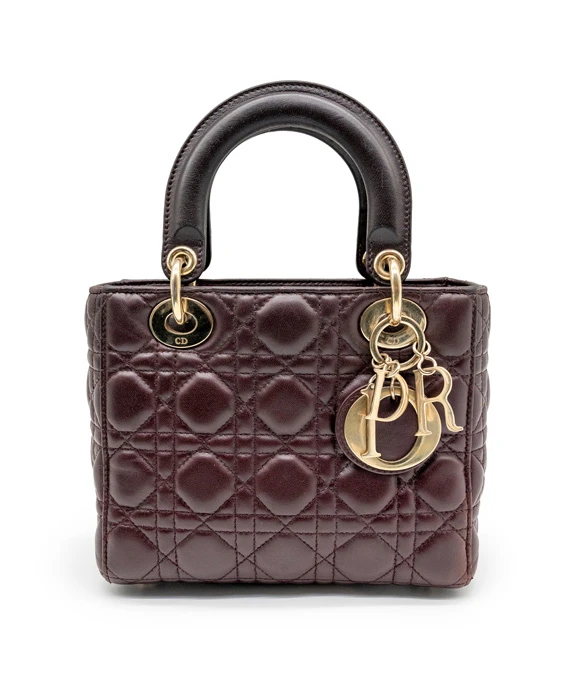 Christian Dior Burgundy Color Small Lady Dior Lambskin Leather Satchel Bag