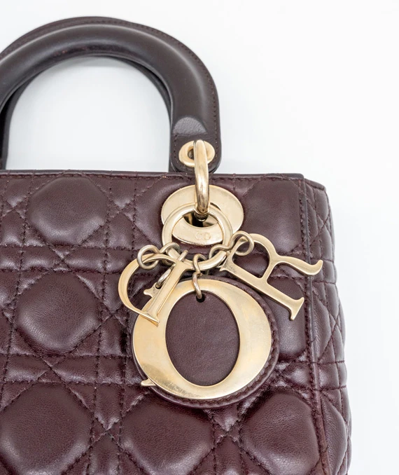 Christian Dior Burgundy Color Small Lady Dior Lambskin Leather Satchel Bag