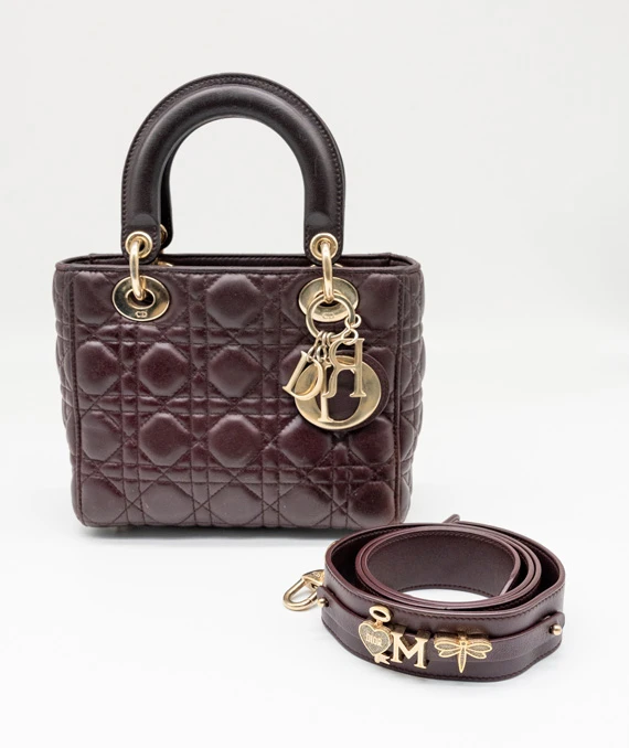 Christian Dior Burgundy Color Small Lady Dior Lambskin Leather Satchel Bag