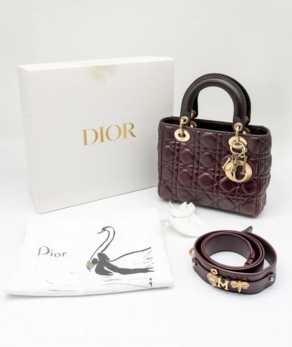 Christian Dior Burgundy Color Small Lady Dior Lambskin Leather Satchel Bag