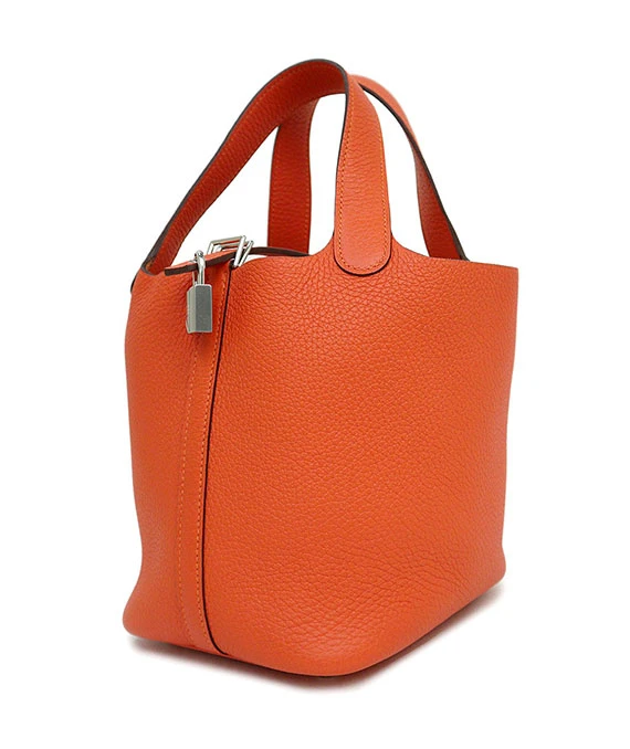 HERMES 2022 Picotan Lock 18 PM Clemence Leather Hand Bag in Feu Orange with Palladium Hardware