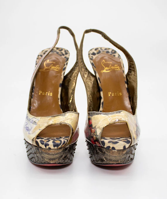 Christian Louboutin Multicolor Size 38.5 Peep Toe Platform Slingback Pumps in Python Leather, PVC Eco Trash
